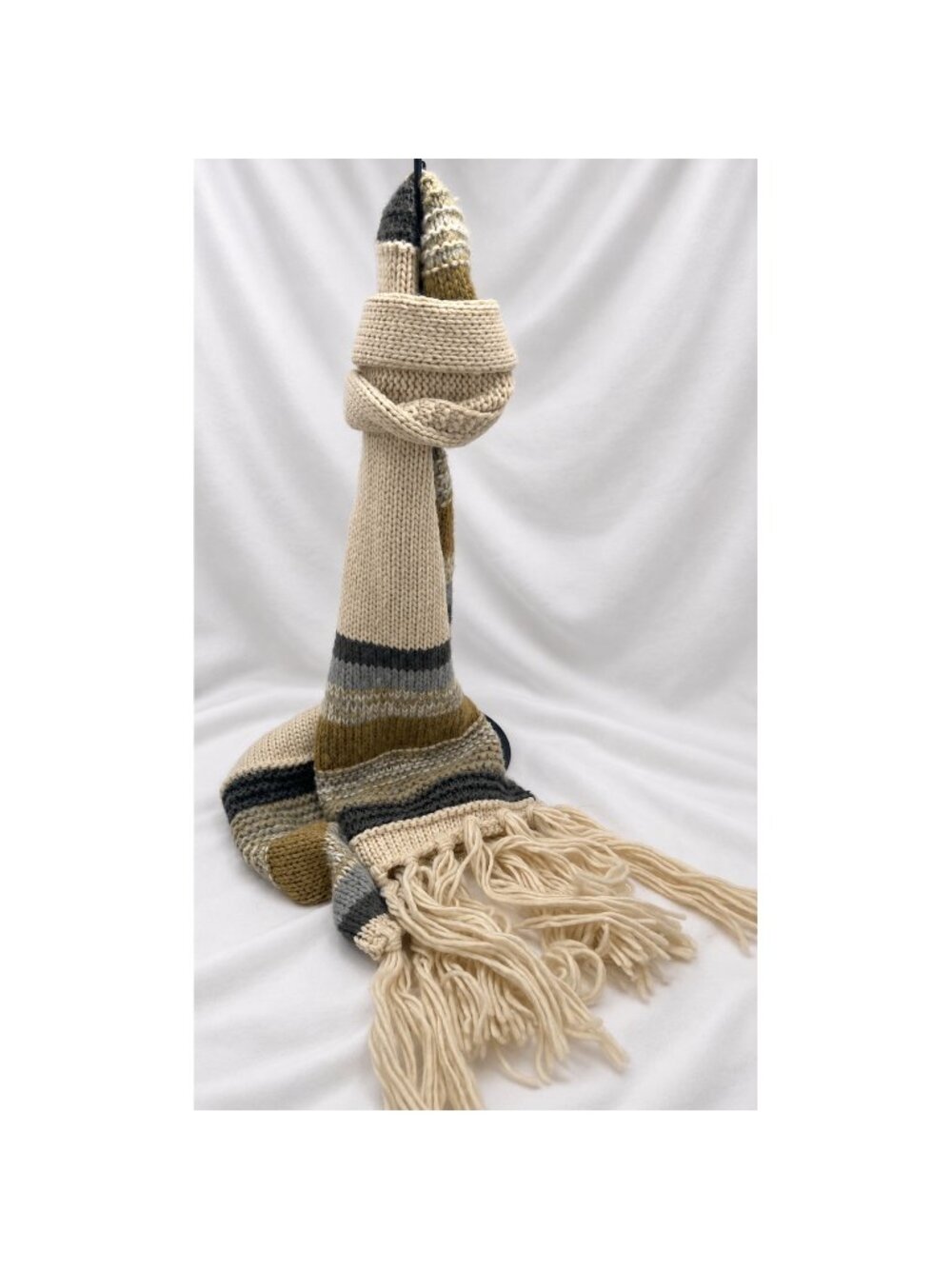 Sag Harbor Long Striped Knit Scarf Cream Olive Gray Charcoal Fringe 80” One Size